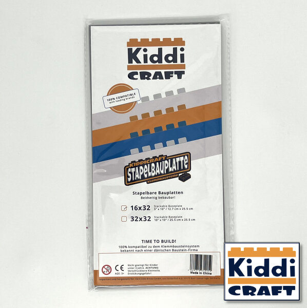 Kiddicraft Stackable Baseplate 16 x 32 Noppen (12,7 x 25,5cm) Hellgrau