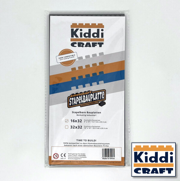 Kiddicraft Stackable Baseplate 16 x 32 Noppen (12,7 x 25,5cm) Dunkelgrau